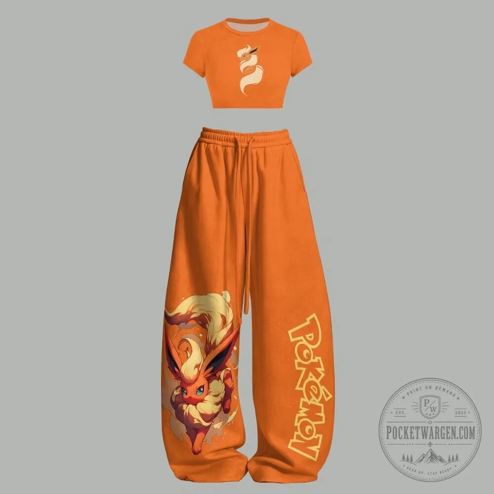 Pokemon Flareon Crop Top and Wide Leg Sweatpants Two-Piece Set