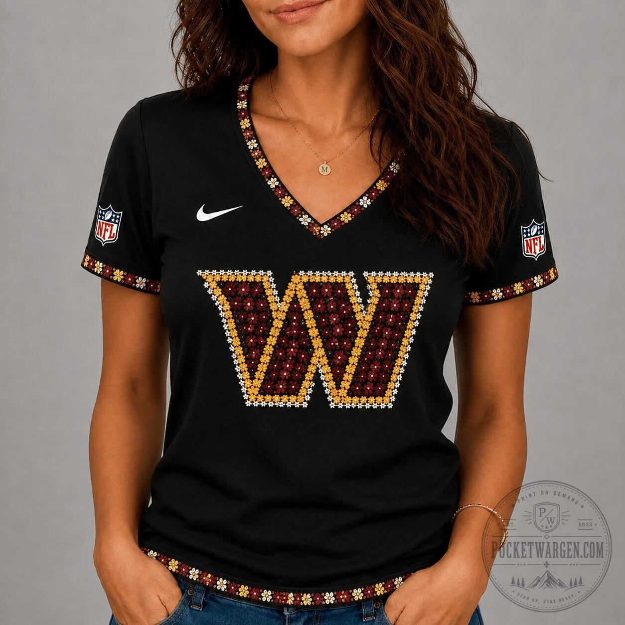 Washington Commanders Floral Logo V-Neck T-Shirt