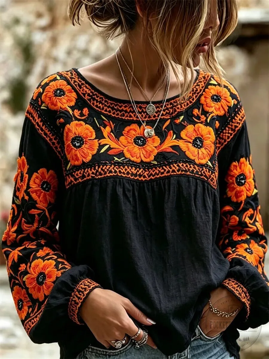 Embroidered Floral Round Neck Long Sleeve Blouse for Women