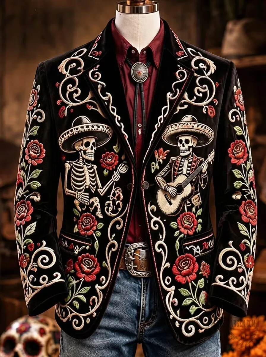 Day of the Dead Skeleton Mariachi Embroidered Velvet Blazer Jacket