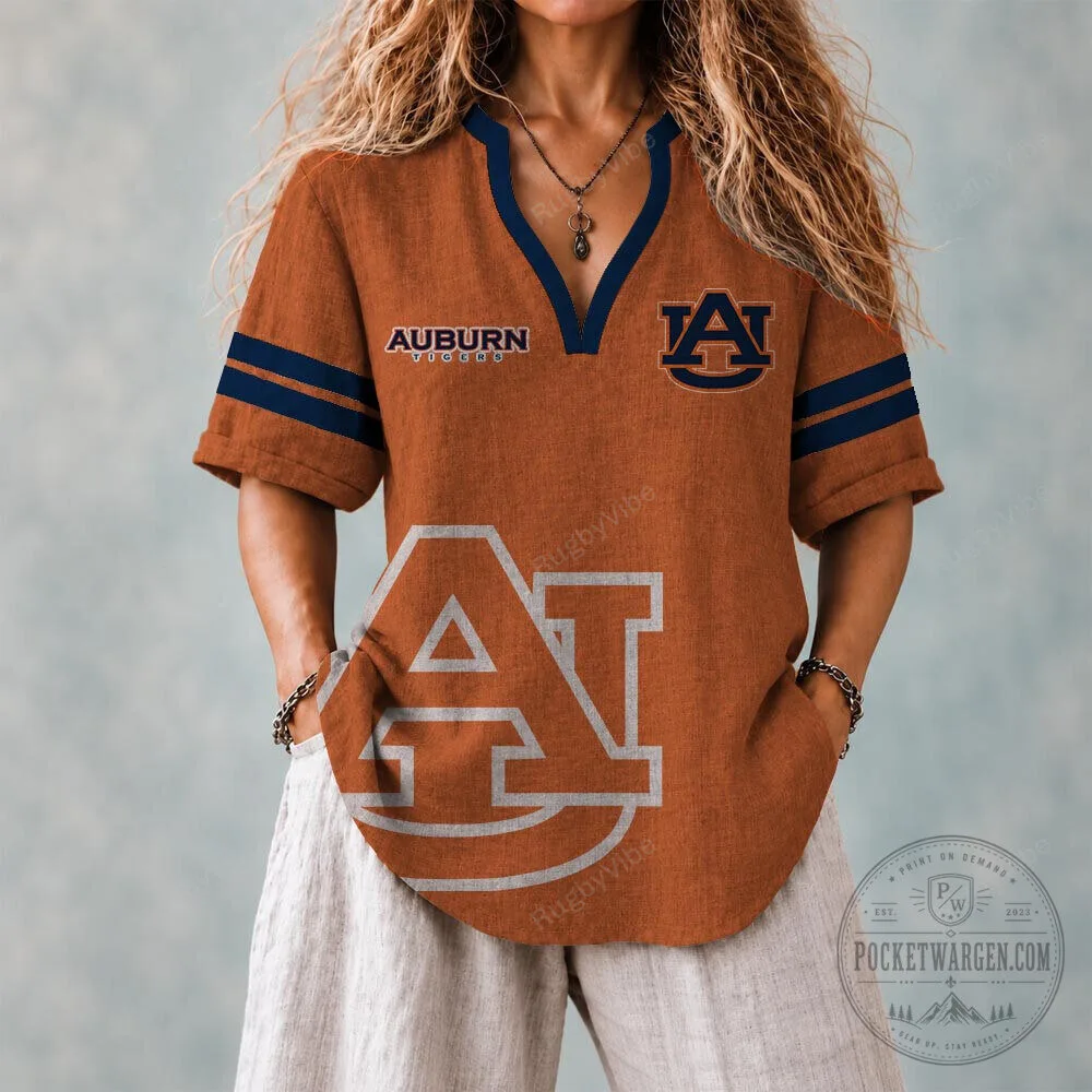 Auburn Tigers Football Team Logo Orange V-Neck Short Sleeve Shirt 2 Auburn Tigers Football Team Logo Orange V-Neck Short Sleeve Shirt