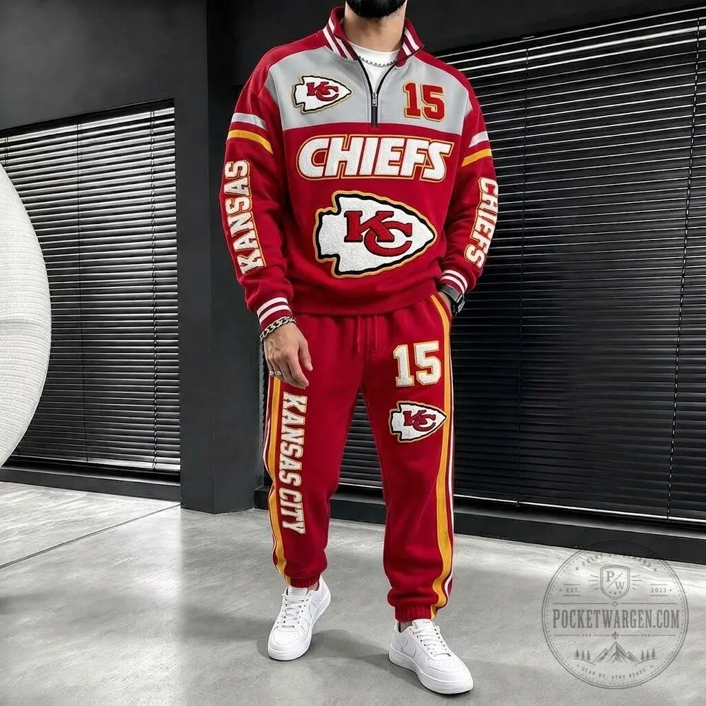 Kansas City Chiefs Quarter Zip Pullover Sweatshirt and Jogger Pants Tracksuit 2 Kansas City Chiefs Quarter Zip Pullover Sweatshirt and Jogger Pants Tracksuit