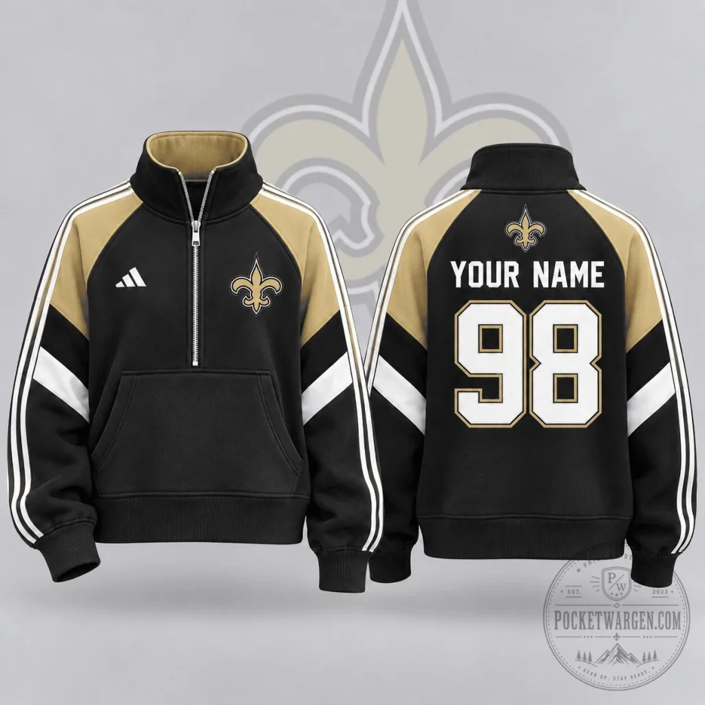New Orleans Saints NFL Team Crest Custom Name Number Half-Zip Pullover Sweatshirt New Orleans Saints NFL Team Crest Custom Name Number Half-Zip Pullover Sweatshirt