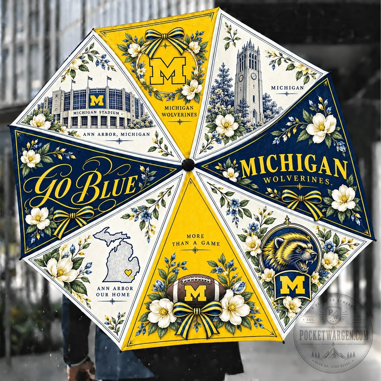 Michigan Wolverines Floral Pattern Compact Folding Umbrella 1 Michigan Wolverines Floral Pattern Compact Folding Umbrella