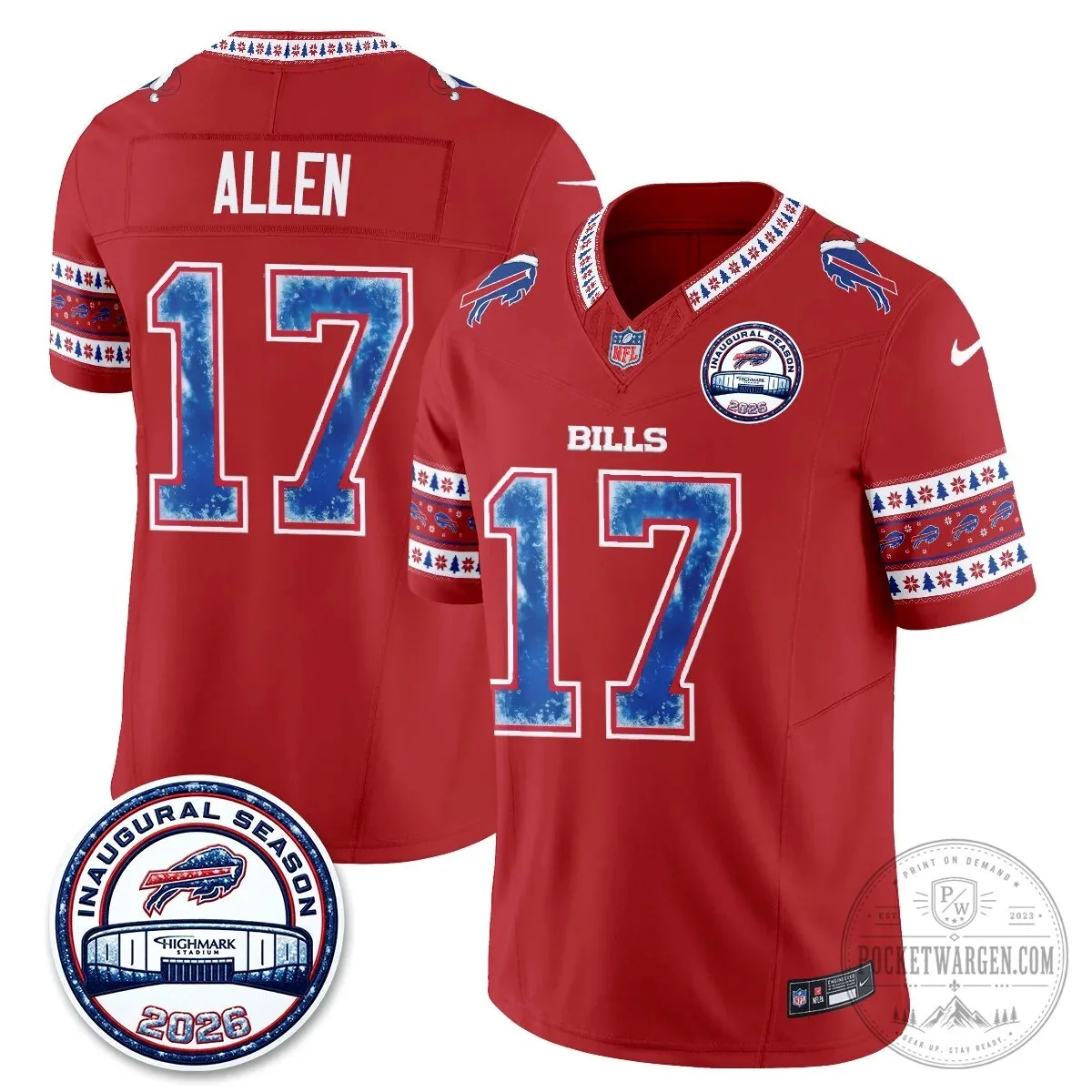 Buffalo Bills Josh Allen Inaugural Season Christmas Edition Football Jersey 64 Buffalo Bills Josh Allen Inaugural Season Christmas Edition Football Jersey