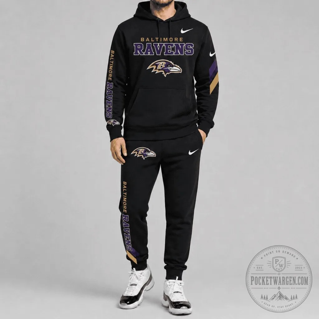 Baltimore Ravens NFL Team Logo Black Hoodie and Jogger Pants Set Baltimore Ravens NFL Team Logo Black Hoodie and Jogger Pants Set