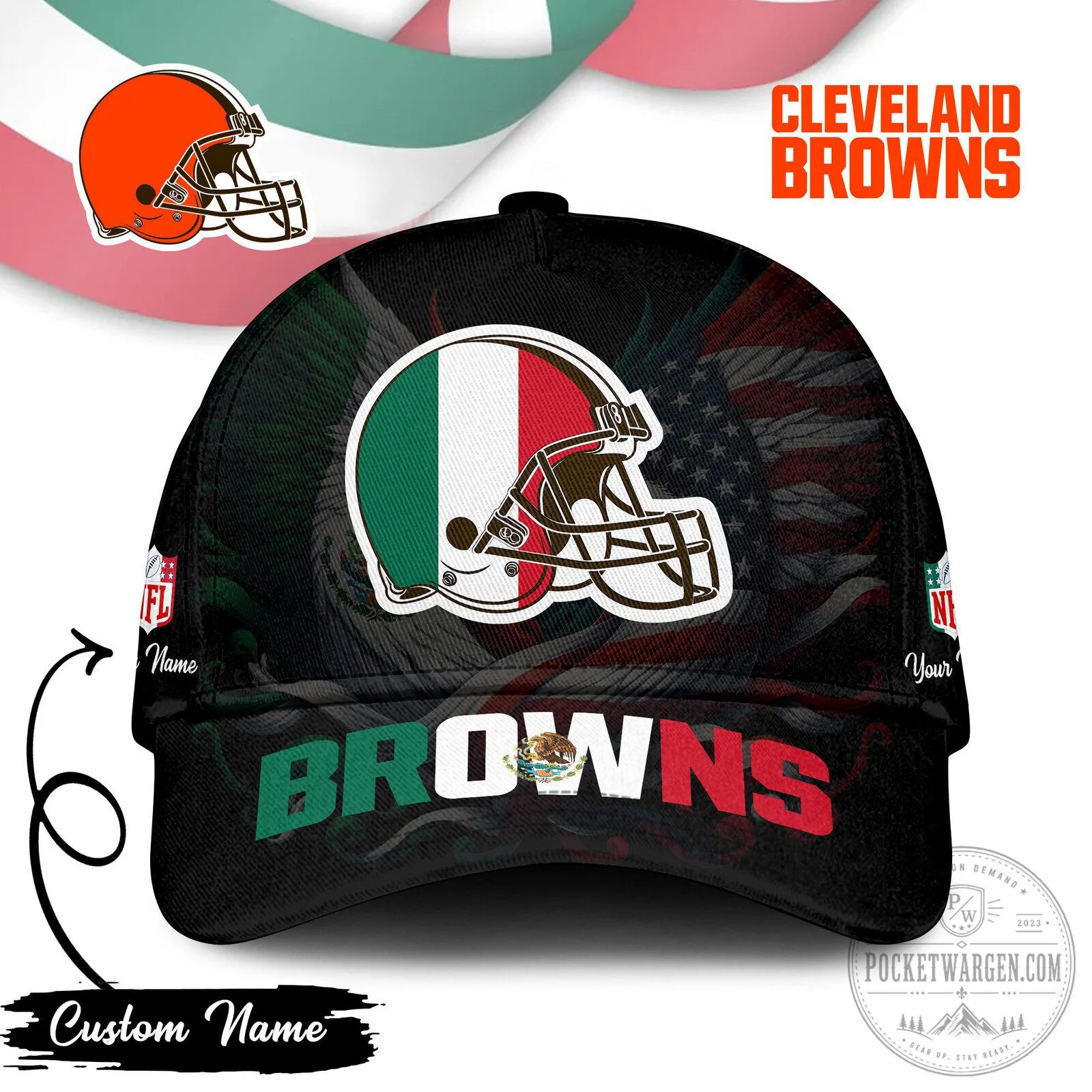 Cleveland Browns NFL Football Mexican Flag Custom Name Cap Hat 1 Cleveland Browns NFL Football Mexican Flag Custom Name Cap Hat