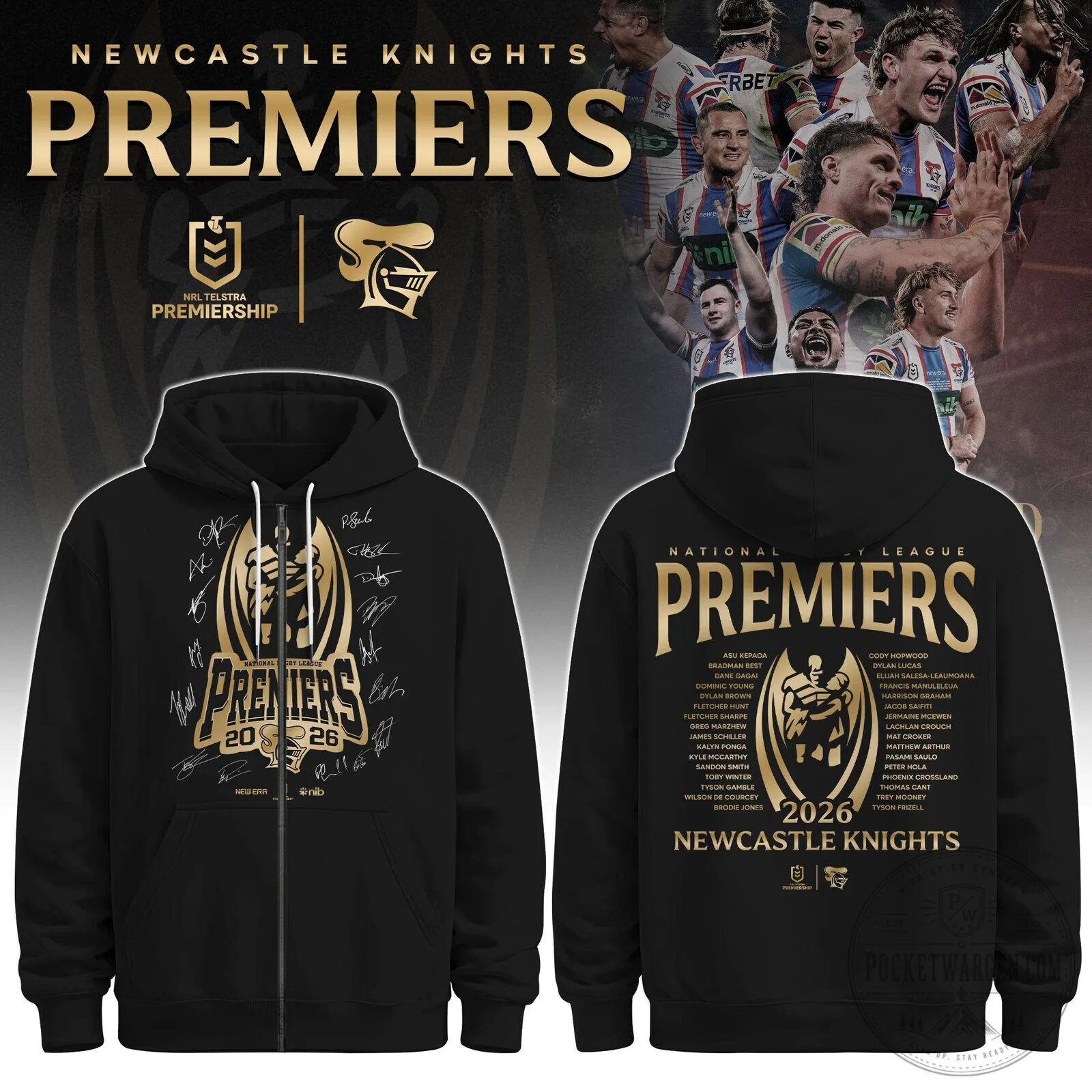 Newcastle Knights NRL Premiers 2026 Rugby League Team Black Zip Hoodie 2 Newcastle Knights NRL Premiers 2026 Rugby League Team Black Zip Hoodie