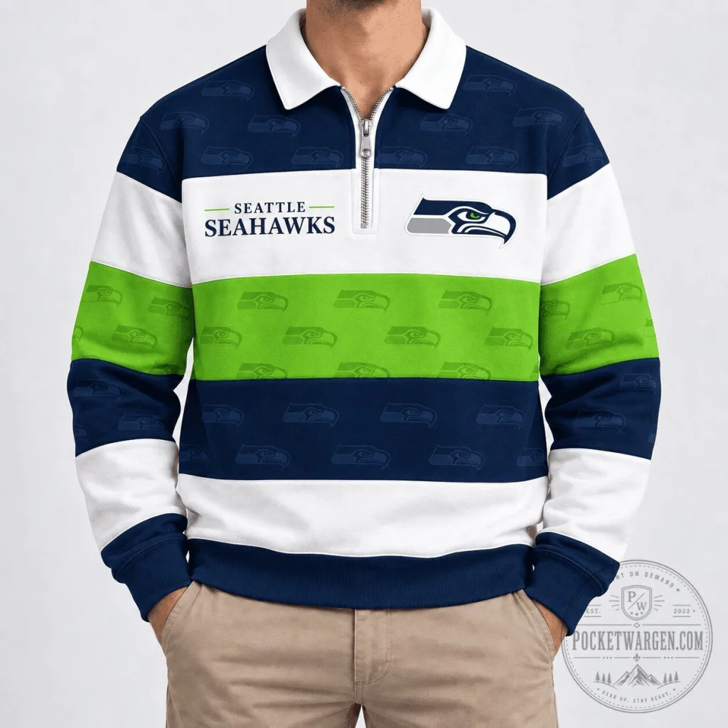 Seattle Seahawks National Football League Team Striped Quarter Zip Polo Shirt Seattle Seahawks National Football League Team Striped Quarter Zip Polo Shirt