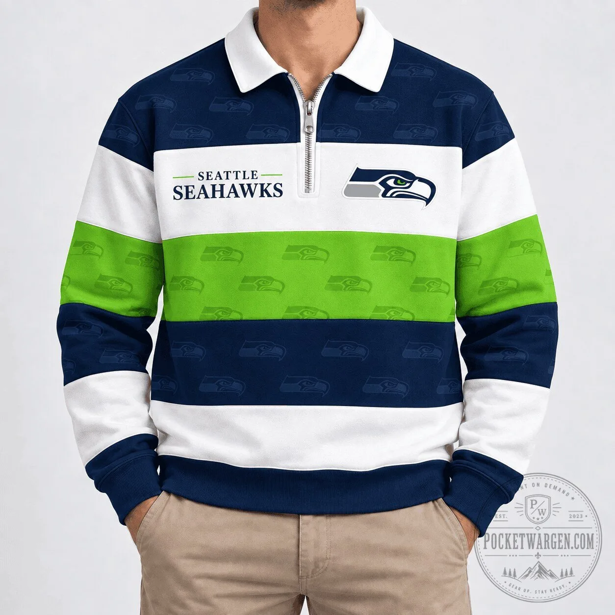 Seattle Seahawks National Football League Team Striped Quarter Zip Polo Shirt 5 Seattle Seahawks National Football League Team Striped Quarter Zip Polo Shirt