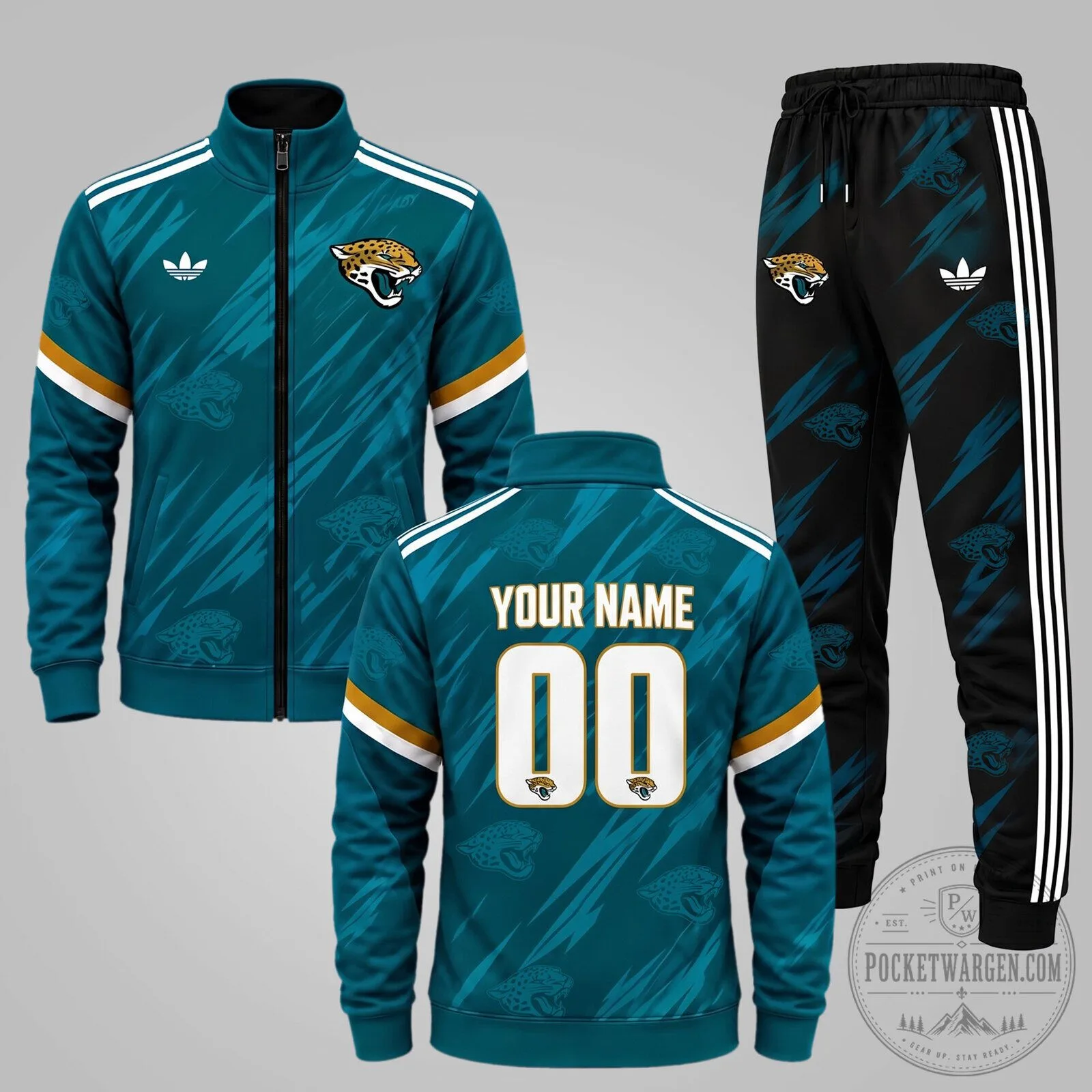 Jacksonville Jaguars Personalized Teal and Black Tracksuit Jacket and Jogger Set 2 Jacksonville Jaguars Personalized Teal and Black Tracksuit Jacket and Jogger Set