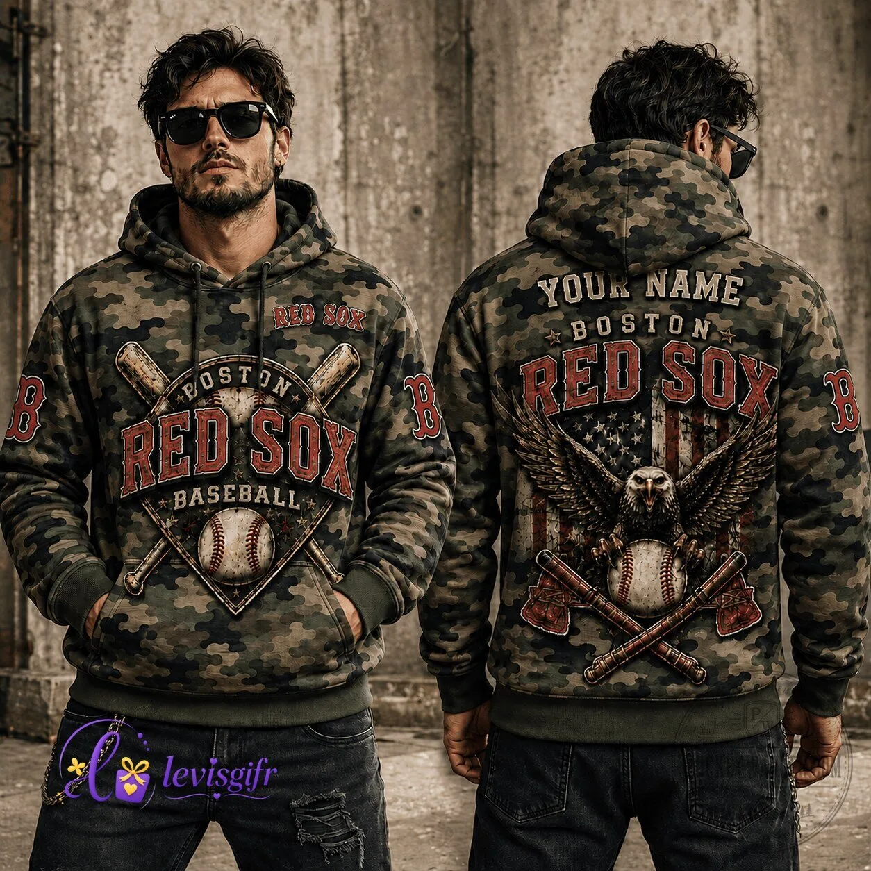 Boston Red Sox Baseball Camouflage Hoodie with Personalized Name