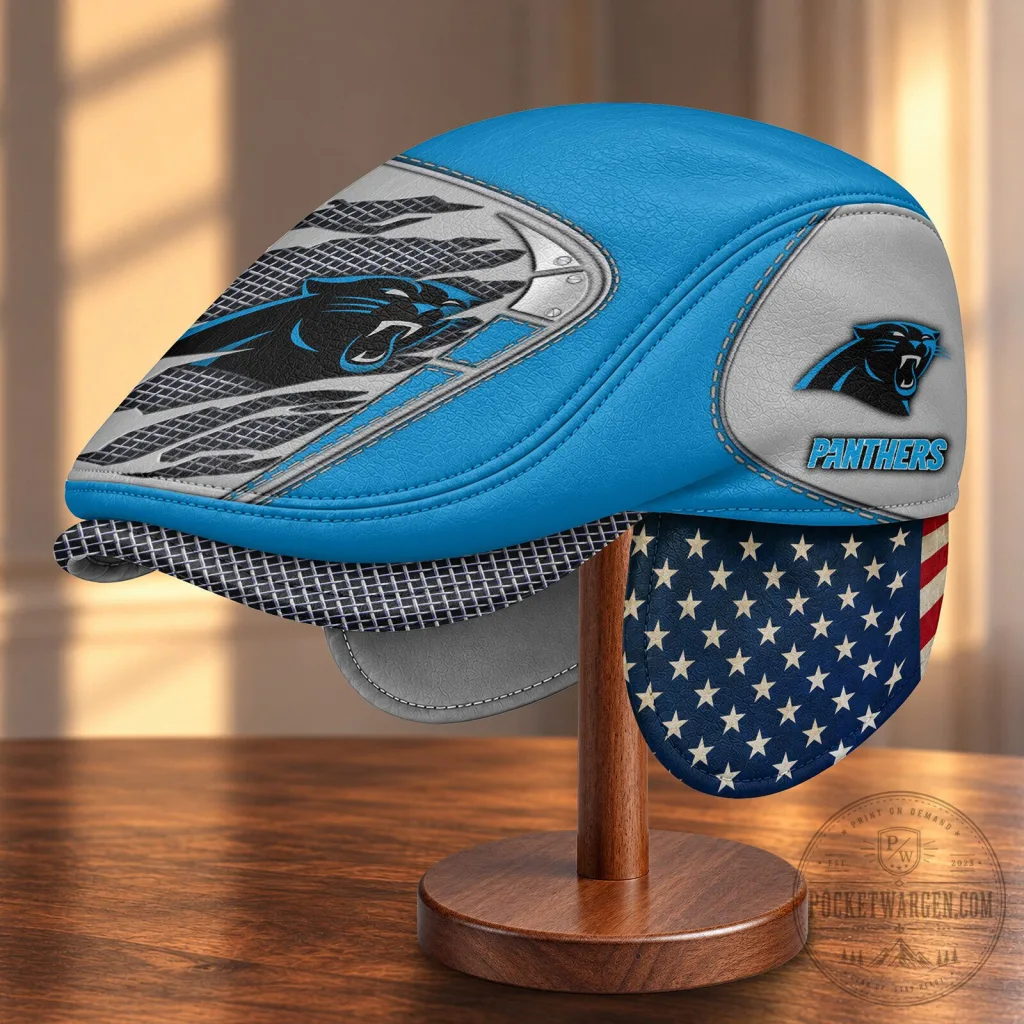 Carolina Panthers National Football League Flat Cap with Foldable Ear Flaps Carolina Panthers National Football League Flat Cap with Foldable Ear Flaps