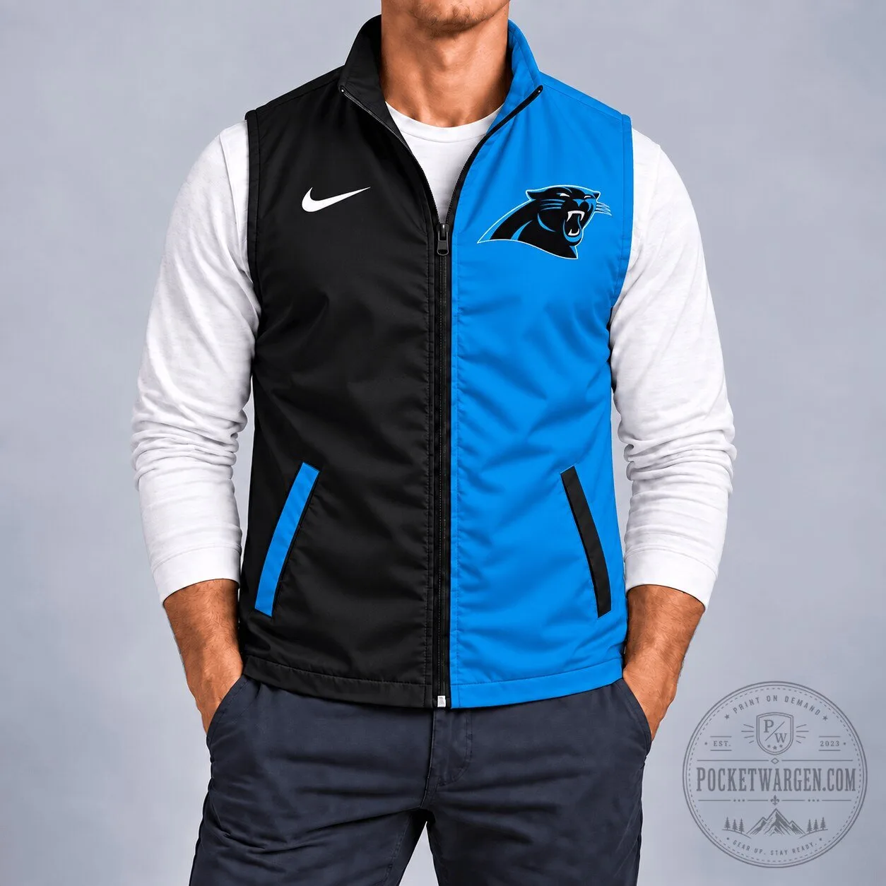 Carolina Panthers NFL Team Logo Blue and Black Zip Up Vest Jacket 1 Carolina Panthers NFL Team Logo Blue and Black Zip Up Vest Jacket