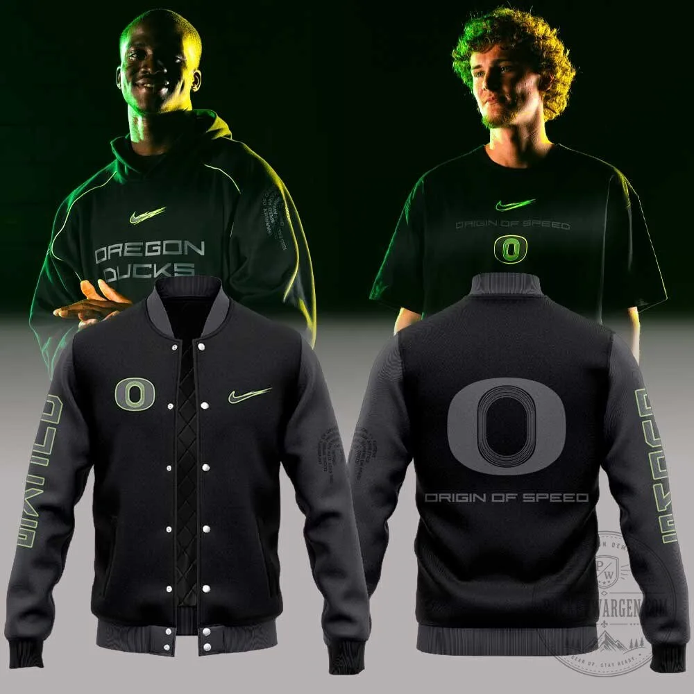 Oregon Ducks Origin of Speed Black Varsity Jacket 2 Oregon Ducks Origin of Speed Black Varsity Jacket