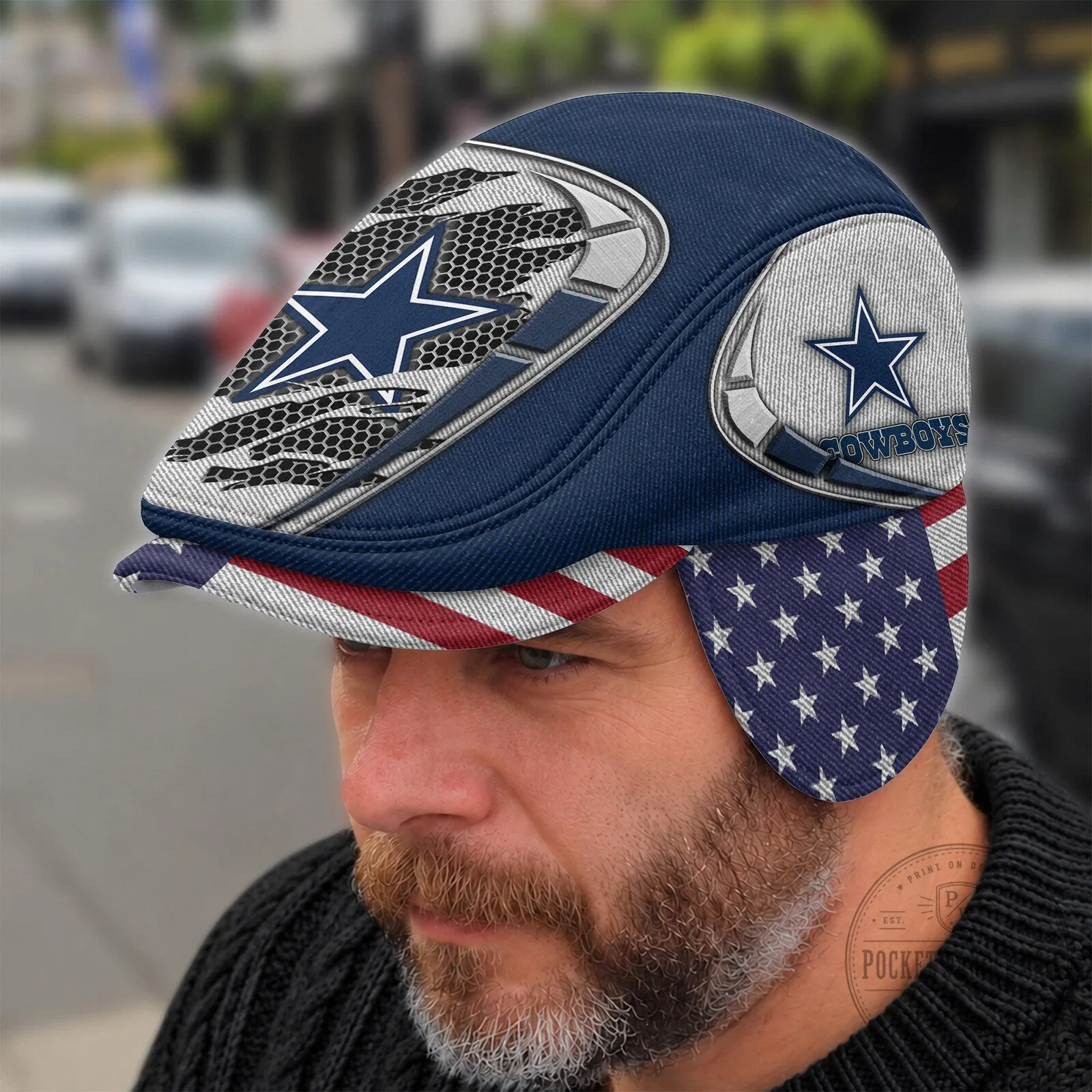 Dallas Cowboys NFL Star Logo American Flag Flat Cap with Ear Flaps