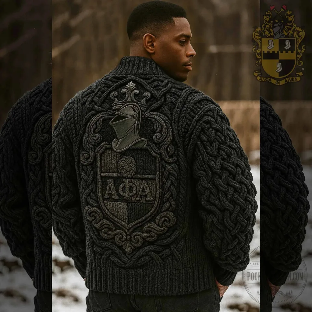Alpha Phi Alpha Fraternity Embroidered Cable Knit Cardigan Jacket Alpha Phi Alpha Fraternity Embroidered Cable Knit Cardigan Jacket