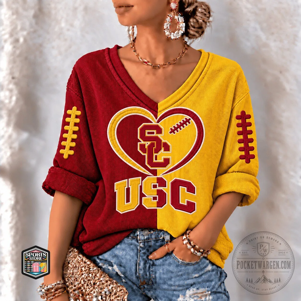 University of Southern California Trojans Football Heart Split Color V-Neck T-Shirt