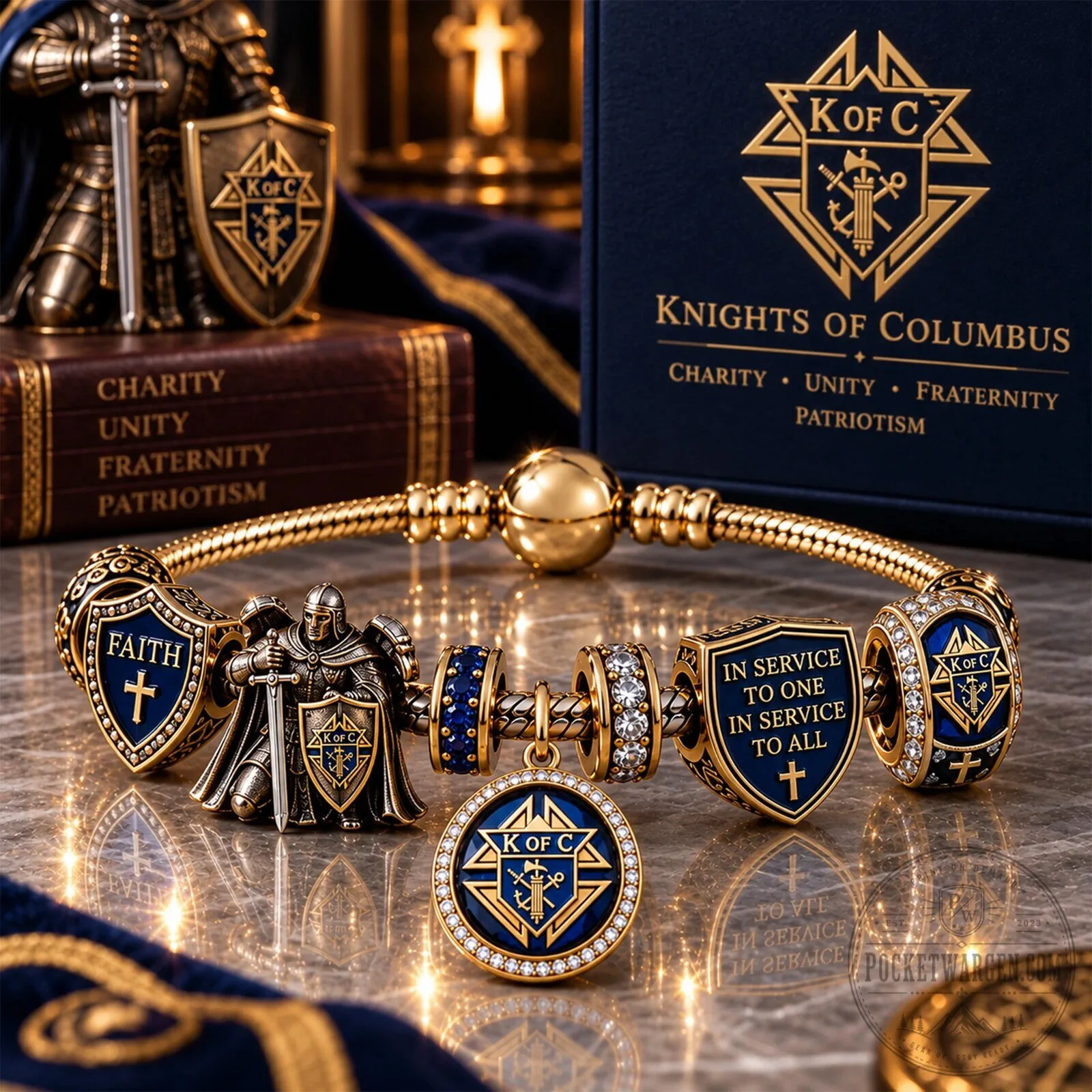 Knights of Columbus Gold Charm Bracelet with Knight and Shield