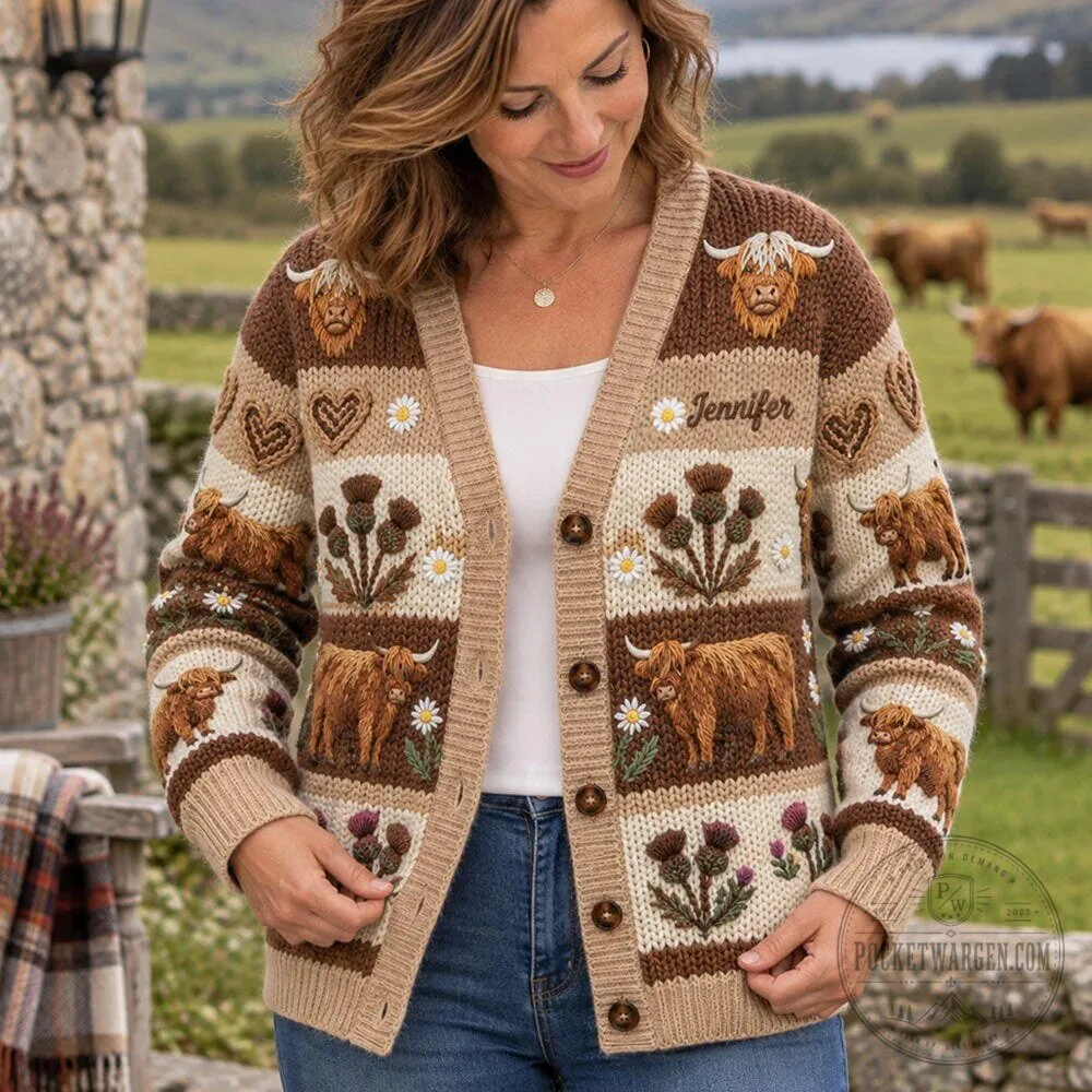 Highland Cow Thistle Daisy Personalized Knitted Cardigan Sweater for Women 15 Highland Cow Thistle Daisy Personalized Knitted Cardigan Sweater for Women