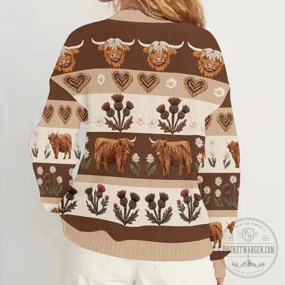 Highland Cow Thistle Daisy Personalized Knitted Cardigan Sweater for Women 16 Highland Cow Thistle Daisy Personalized Knitted Cardigan Sweater for Women