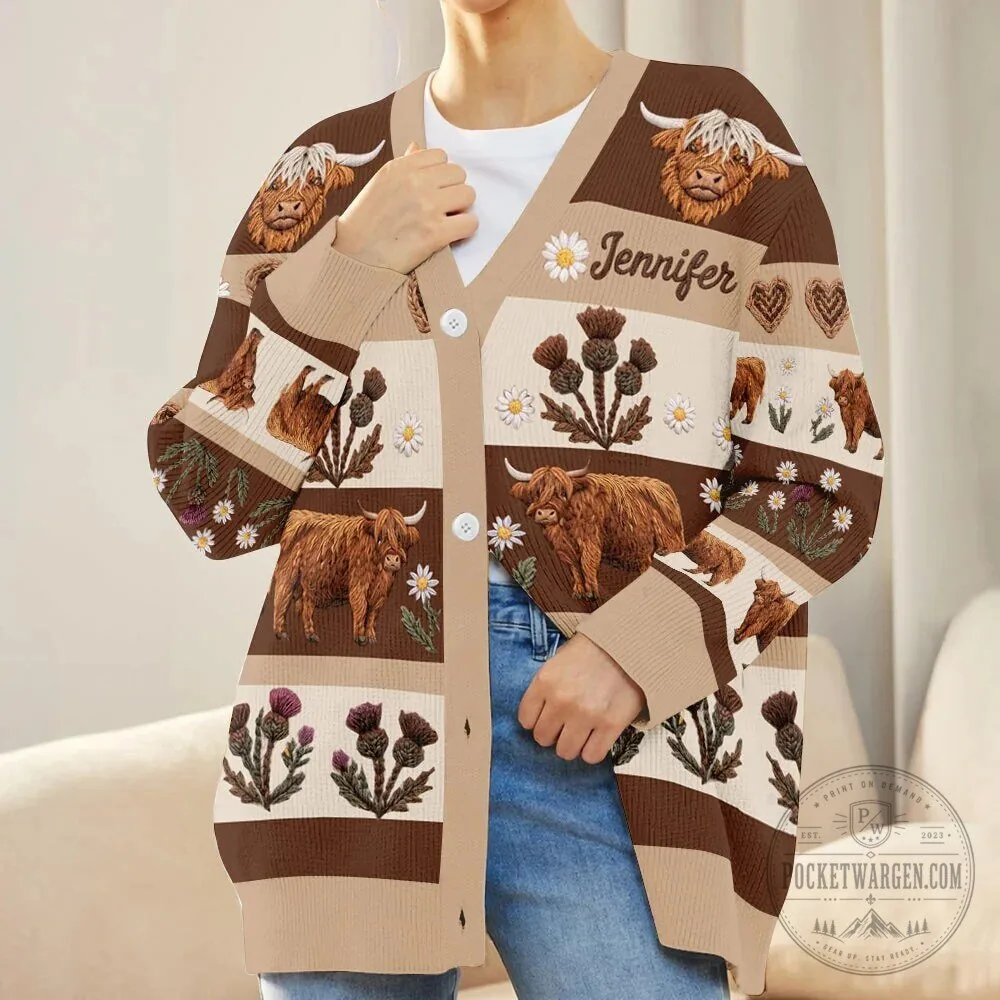 Highland Cow Thistle Daisy Personalized Knitted Cardigan Sweater for Women 19 Highland Cow Thistle Daisy Personalized Knitted Cardigan Sweater for Women