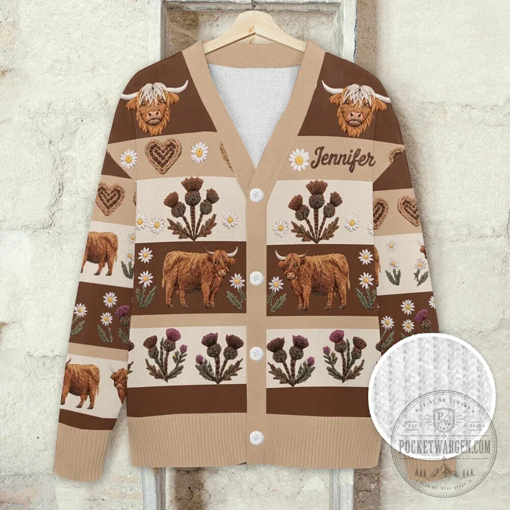 Highland Cow Thistle Daisy Personalized Knitted Cardigan Sweater for Women 22 Highland Cow Thistle Daisy Personalized Knitted Cardigan Sweater for Women
