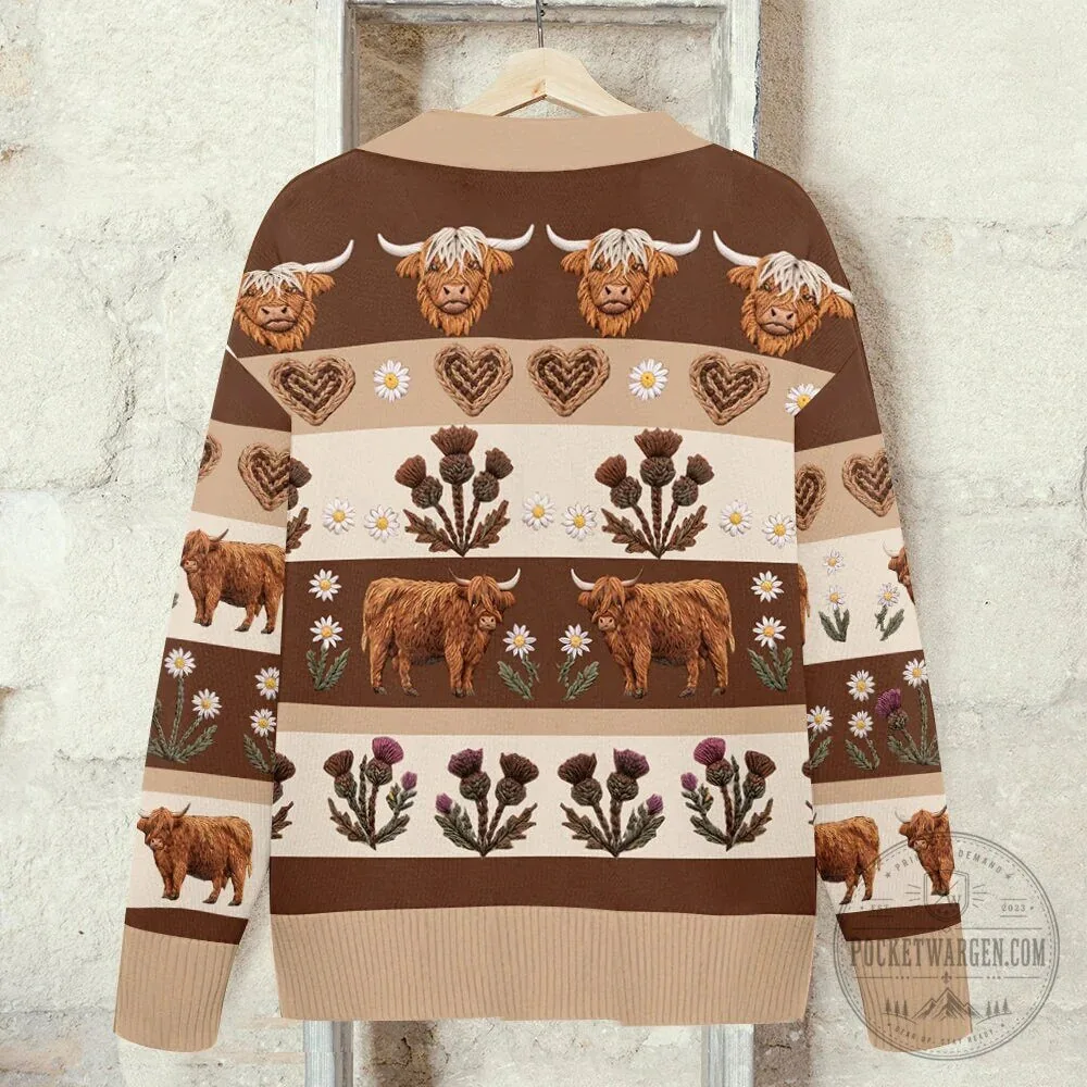 Highland Cow Thistle Daisy Personalized Knitted Cardigan Sweater for Women 23 Highland Cow Thistle Daisy Personalized Knitted Cardigan Sweater for Women