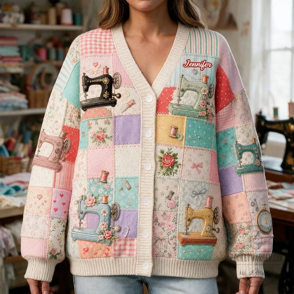 Personalized Sewing Machine Patchwork Pattern Knitted Cardigan Sweater 2 Personalized Sewing Machine Patchwork Pattern Knitted Cardigan Sweater