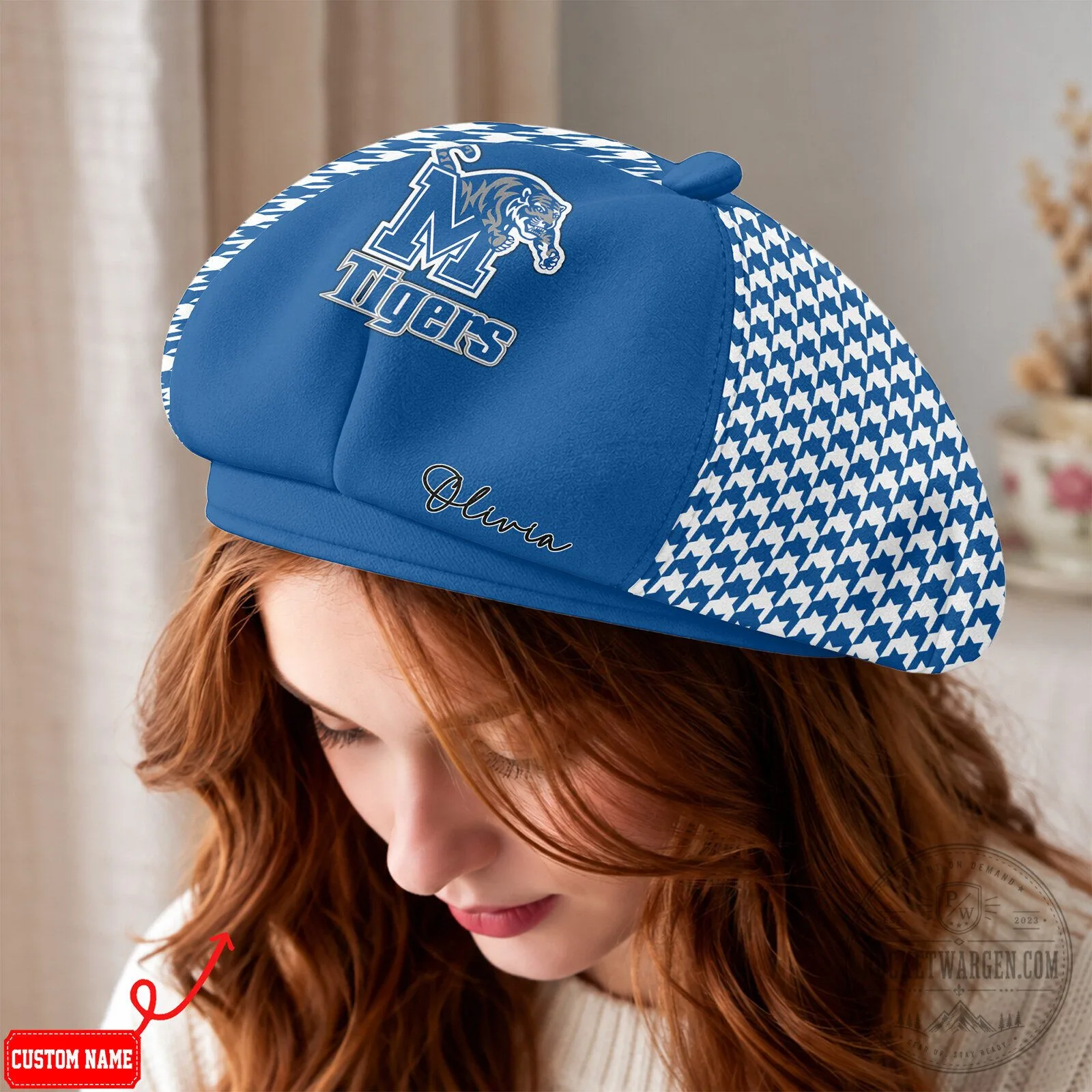 Memphis Tigers NCAA Houndstooth Pattern Custom Name Beret Hat 8 Memphis Tigers NCAA Houndstooth Pattern Custom Name Beret Hat