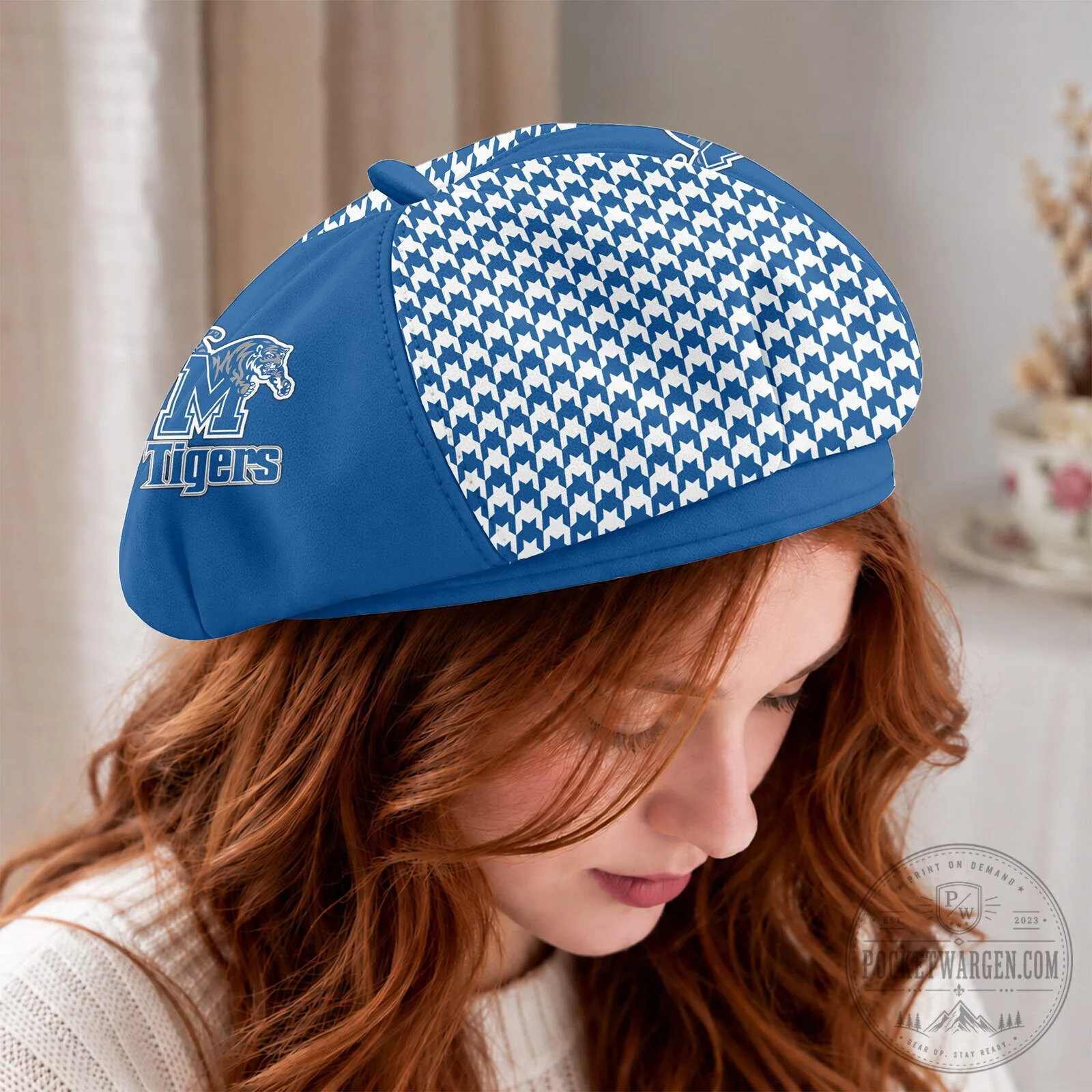 Memphis Tigers NCAA Houndstooth Pattern Custom Name Beret Hat 9 Memphis Tigers NCAA Houndstooth Pattern Custom Name Beret Hat