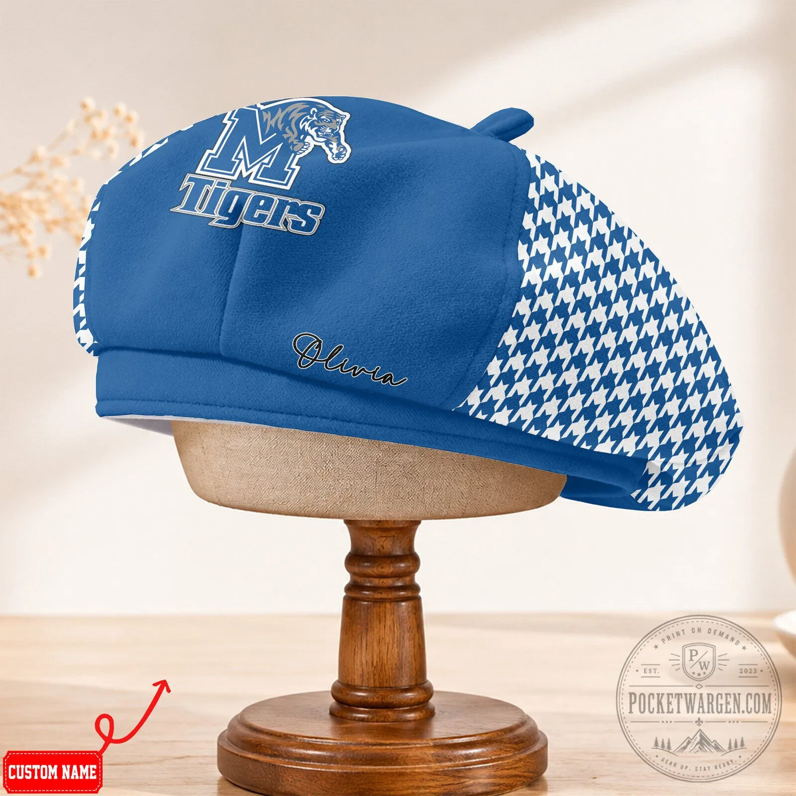 Memphis Tigers NCAA Houndstooth Pattern Custom Name Beret Hat 11 Memphis Tigers NCAA Houndstooth Pattern Custom Name Beret Hat
