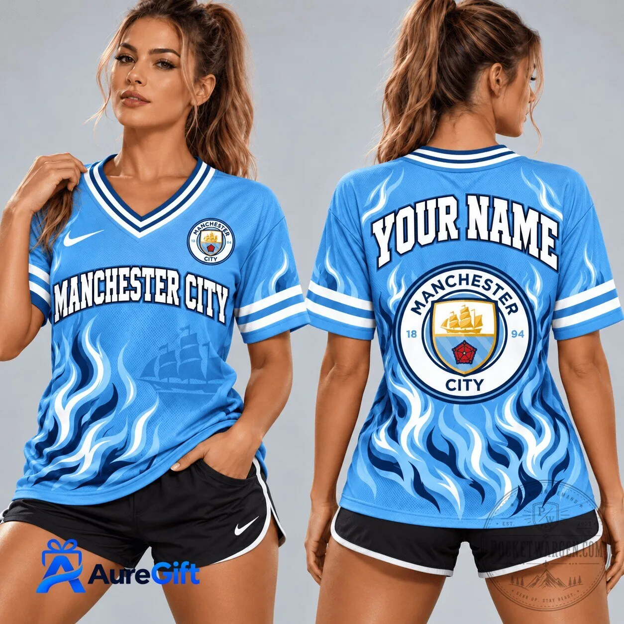 Manchester City Football Club Personalized Sky Blue V-Neck Football Jersey