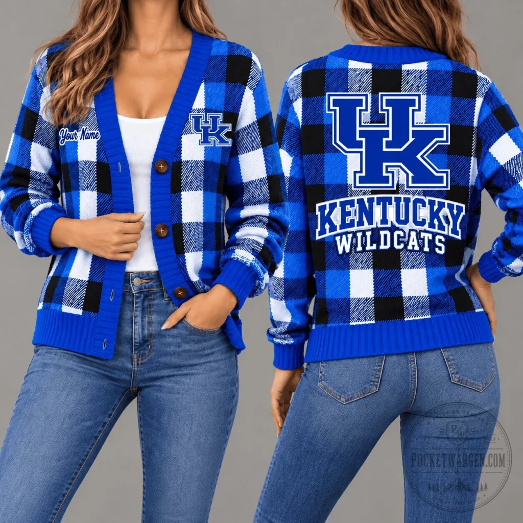 Kentucky Wildcats NCAA Blue Plaid Pattern Personalized Cardigan Sweater Kentucky Wildcats NCAA Blue Plaid Pattern Personalized Cardigan Sweater