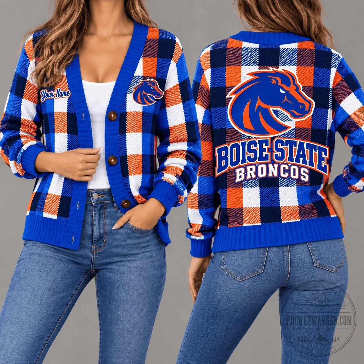 Boise State Broncos Custom Name Plaid Pattern NCAA Football Cardigan Sweater