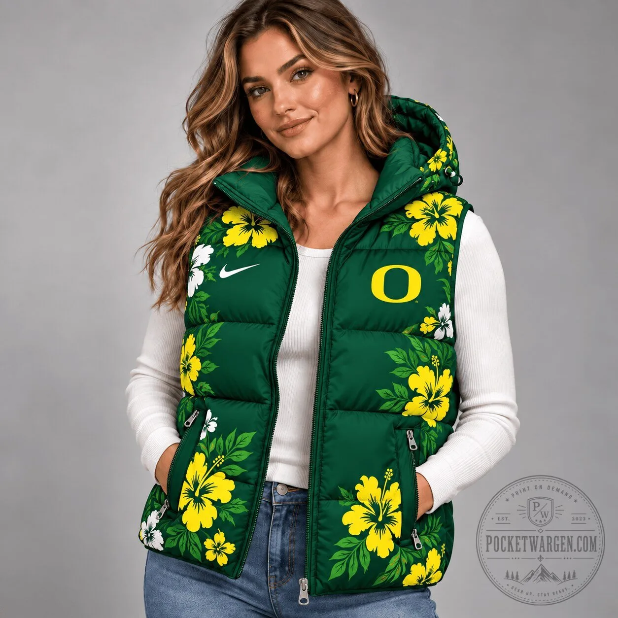 Oregon Ducks NCAA Floral Hibiscus Pattern Hooded Puffer Vest 1 Oregon Ducks NCAA Floral Hibiscus Pattern Hooded Puffer Vest
