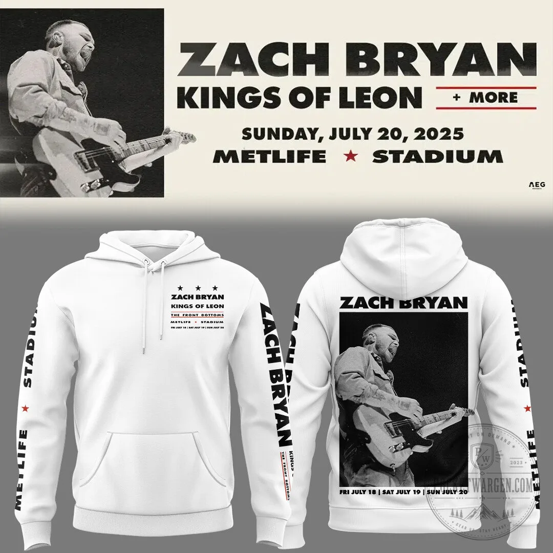 Zach Bryan Kings of Leon MetLife Stadium Concert Tour White Hoodie