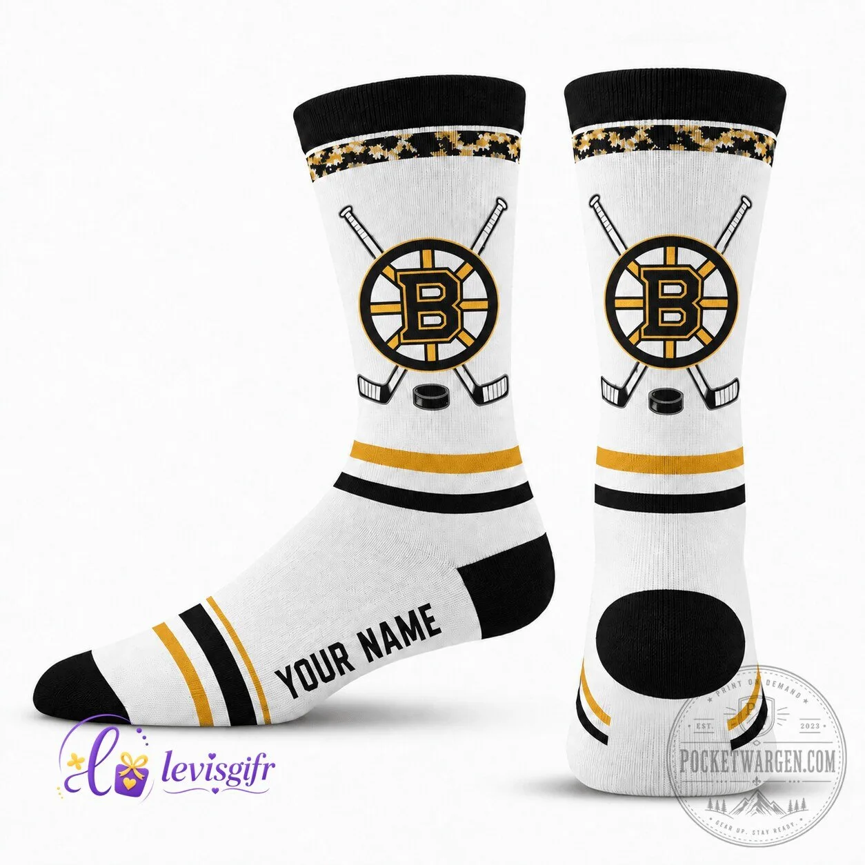 Boston Bruins NHL Hockey Team Logo Personalized White Sports Socks 1 Boston Bruins NHL Hockey Team Logo Personalized White Sports Socks