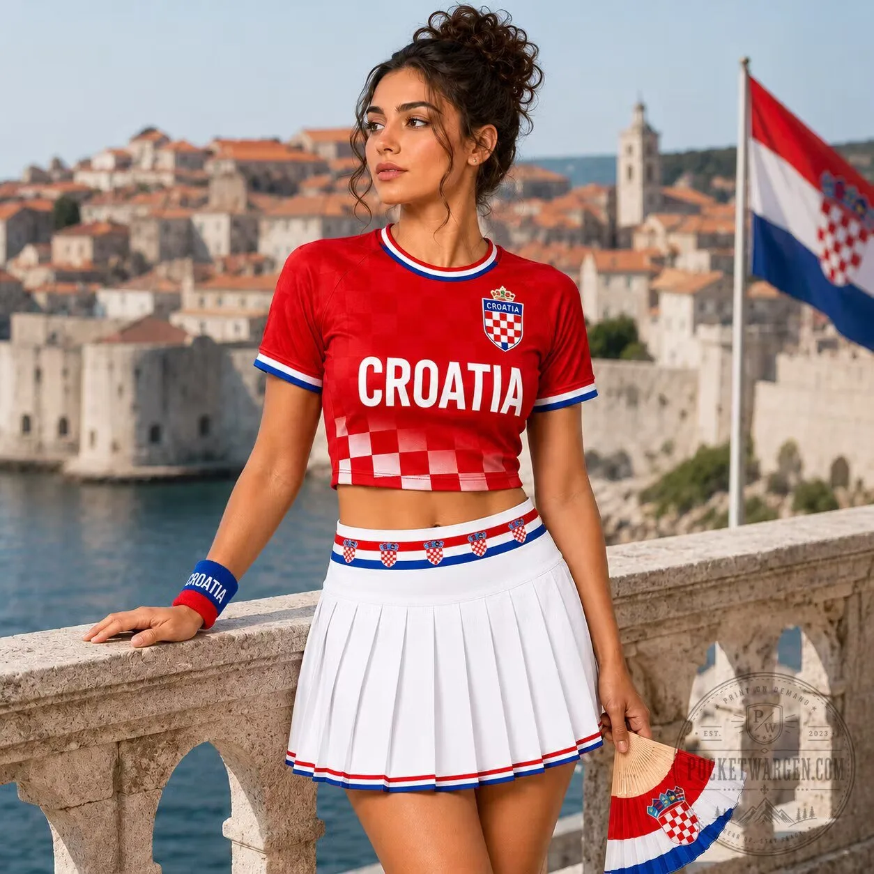 Croatia National Football Team Women's Cropped Jersey Top and Pleated Skirt Set