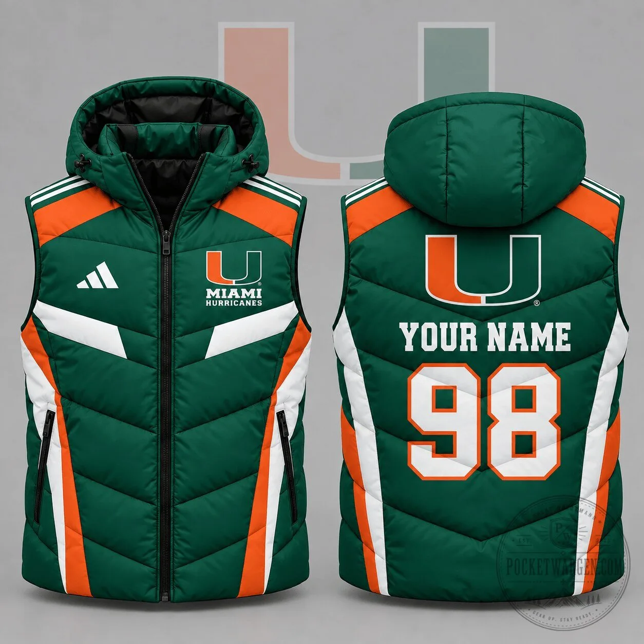 Miami Hurricanes Personalized Green and Orange Hooded Puffer Vest 1 Miami Hurricanes Personalized Green and Orange Hooded Puffer Vest