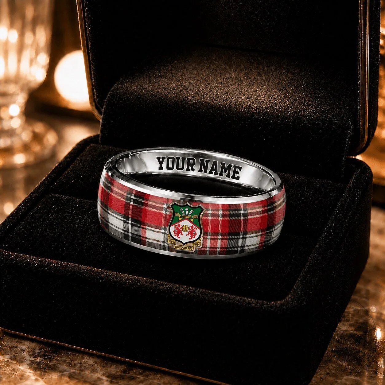 Wrexham AFC Red Dragon Plaid Pattern Custom Name Ring
