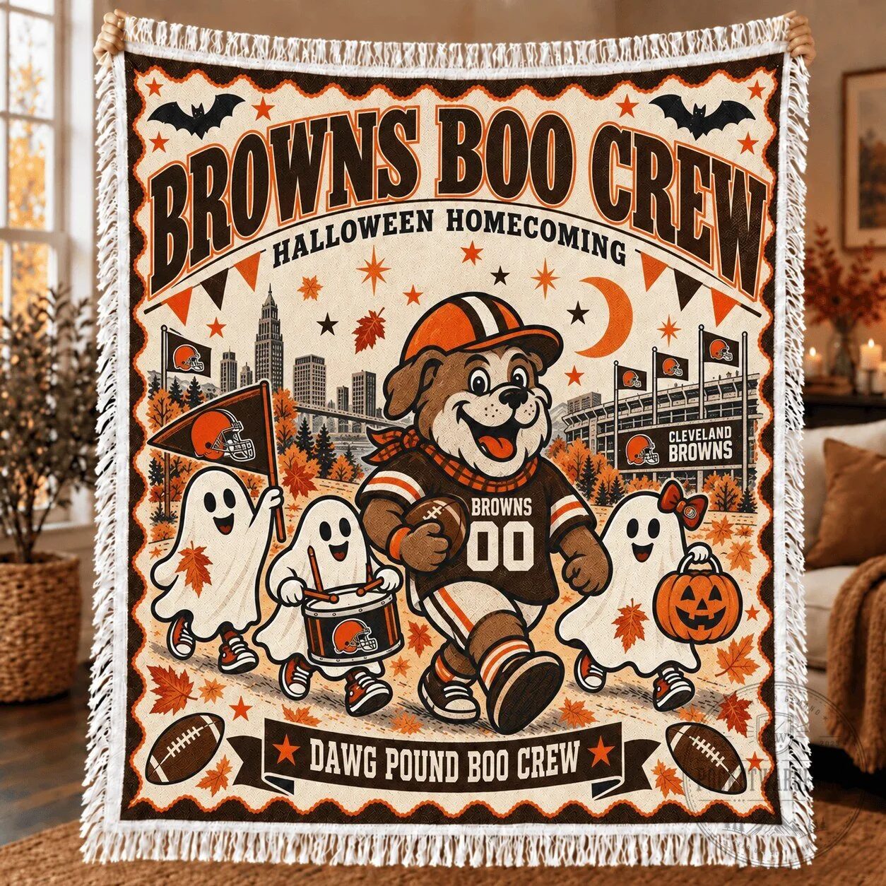 Cleveland Browns Dawg Pound Boo Crew Halloween Homecoming Fleece Blanket