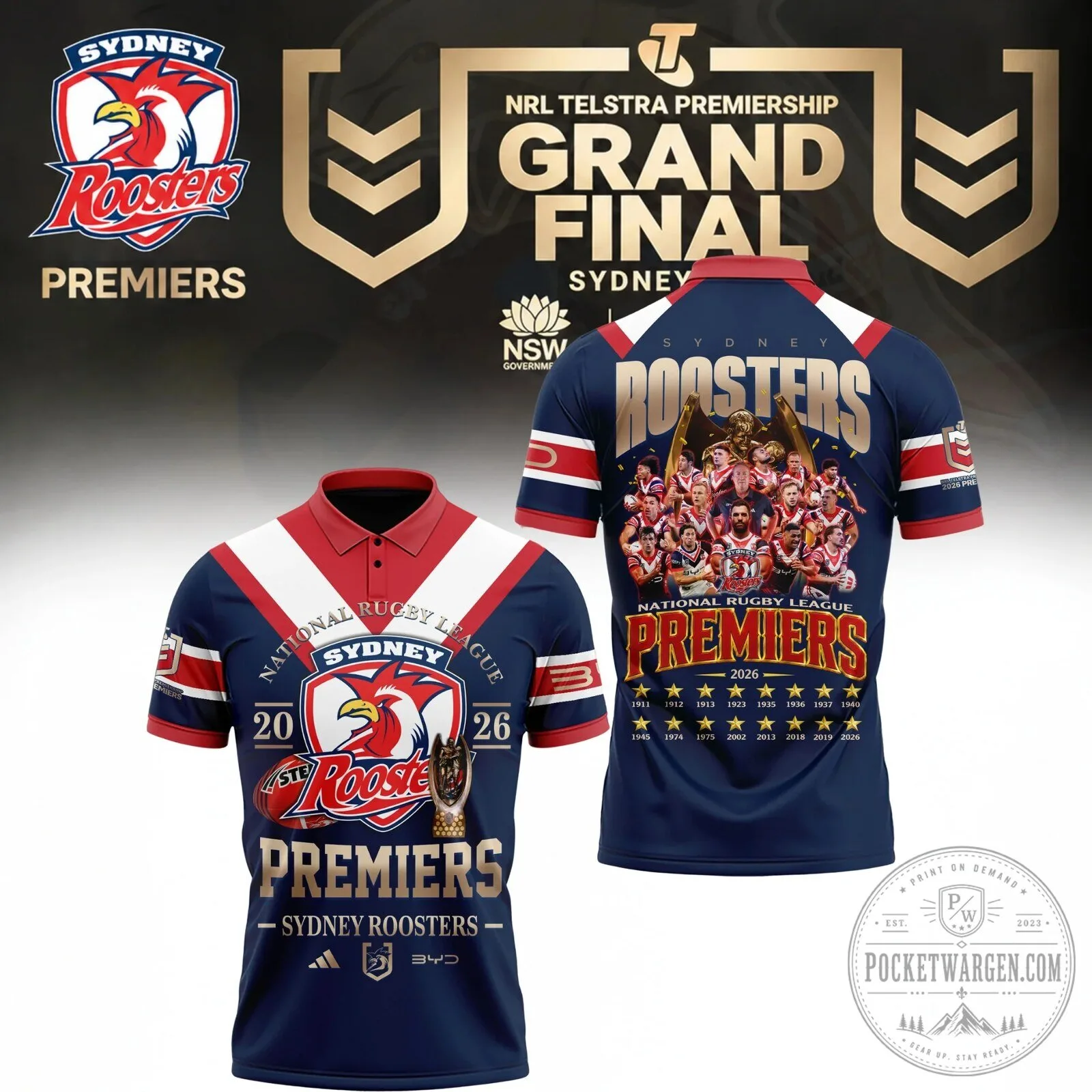2026 Polo Shirt for Sydney Roosters Rugby League Premiers 1 2026 Polo Shirt for Sydney Roosters Rugby League Premiers