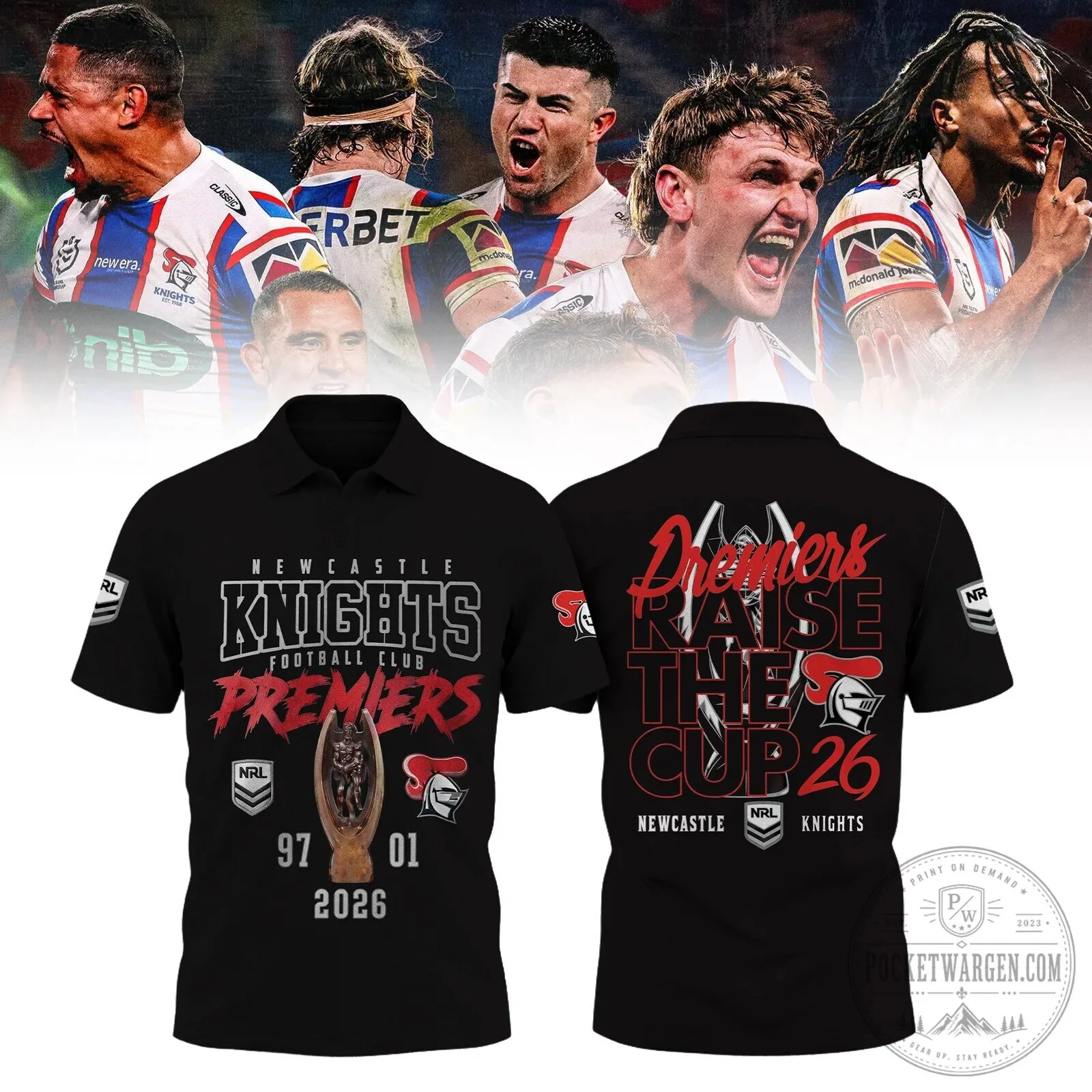 Newcastle Knights Football Club Premiers Raise The Cup 26 Black Polo Shirt 1 Newcastle Knights Football Club Premiers Raise The Cup 26 Black Polo Shirt