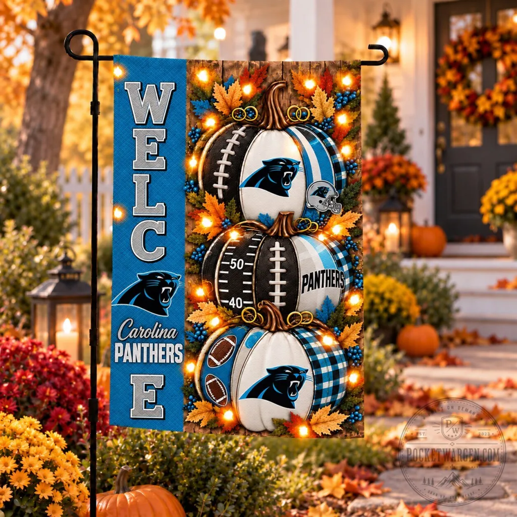 Carolina Panthers Halloween Football Pumpkins Welcome Garden Flag Carolina Panthers Halloween Football Pumpkins Welcome Garden Flag