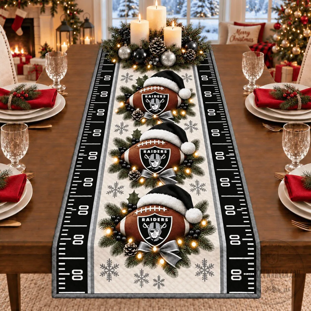 Las Vegas Raiders Christmas Football Holiday Table Runner Decoration Las Vegas Raiders Christmas Football Holiday Table Runner Decoration
