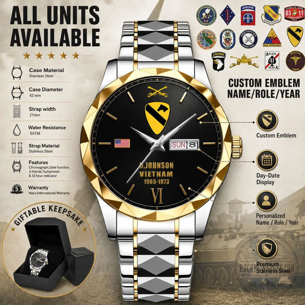 United States Army Vietnam Veteran Personalized Stainless Steel Watch