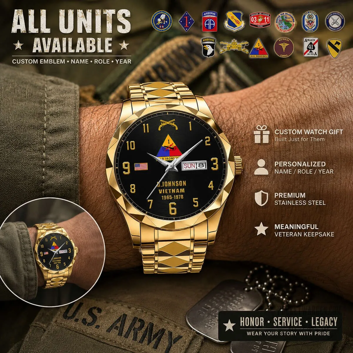 United States Army Vietnam Veteran Personalized Stainless Steel Watch 18 United States Army Vietnam Veteran Personalized Stainless Steel Watch