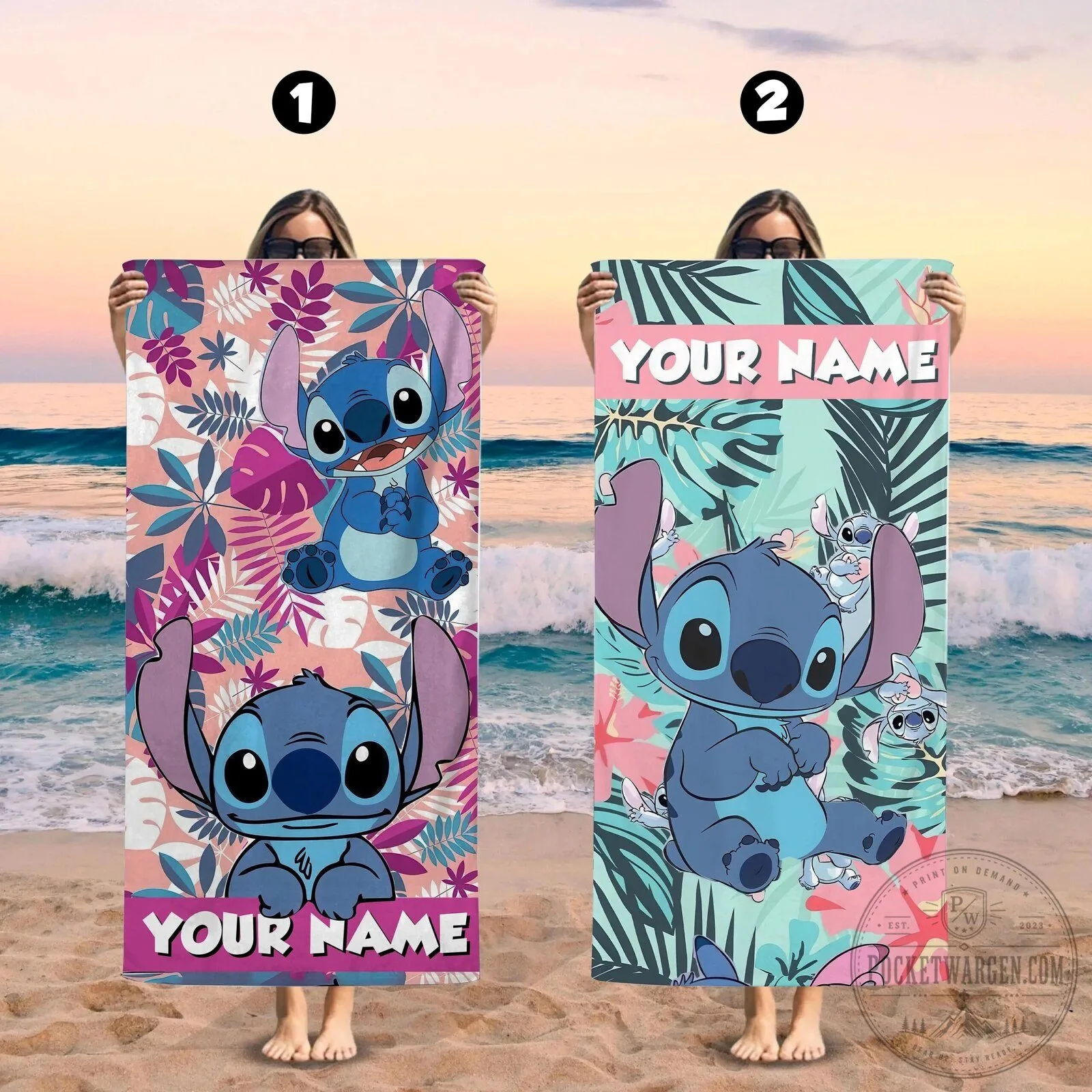 Lilo and Stitch Tropical Floral Custom Name Beach Towel
