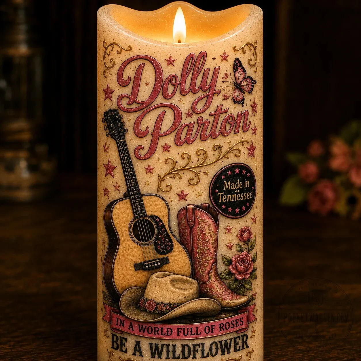 Country Music Dolly Parton Flameless LED Candle, Tennessee Wildflower Decor